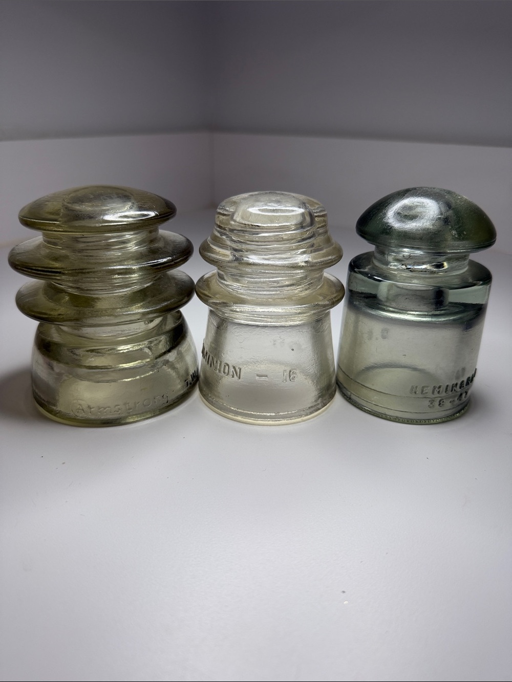 Set of 3 Glass Insulators - Clear, Light Green, Grey